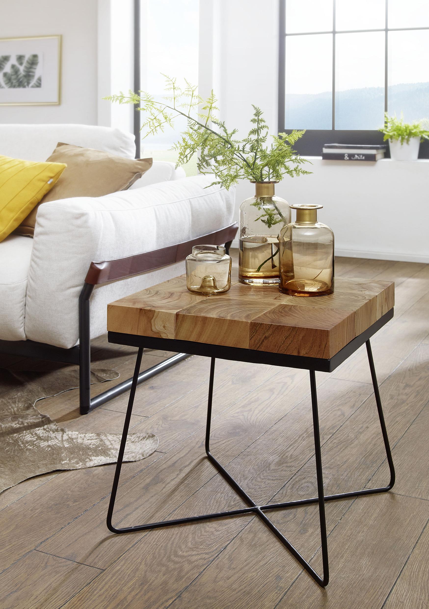 Beistelltisch "Zari" , ca. 45x45 cm, aus Akazie - Schwarz/Akaziefarben, Design, Holz/Metall (45/51/45cm) - MID.YOU
