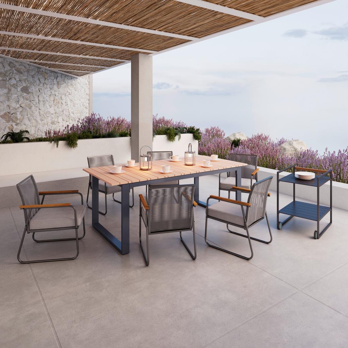 STÓŁ OGRODOWY RUBY - ciemnoszary/kolor drewna tekowego, Modern, tworzywo sztuczne/metal (210/75/100cm) - Bessagi Garden