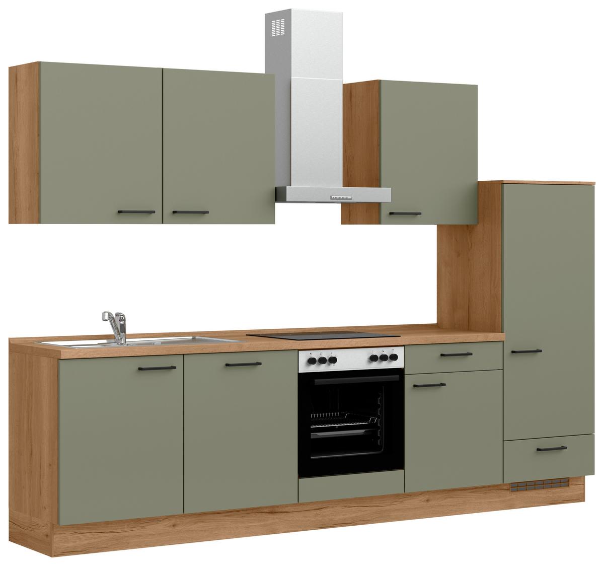 Küchenleerblock Senso Low o. Geräte Olivgrün - Eichefarben/Schwarz, MODERN, Holzwerkstoff/Metall (300cm) - Nobilia