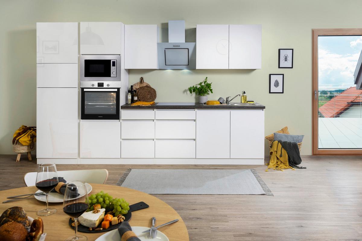 Küchenblock Lorena mit Geräten ca. 335 cm Weiß Hochglanz - Weiß Hochglanz/Graphitfarben, Basics, Holzwerkstoff (335cm) - Respekta