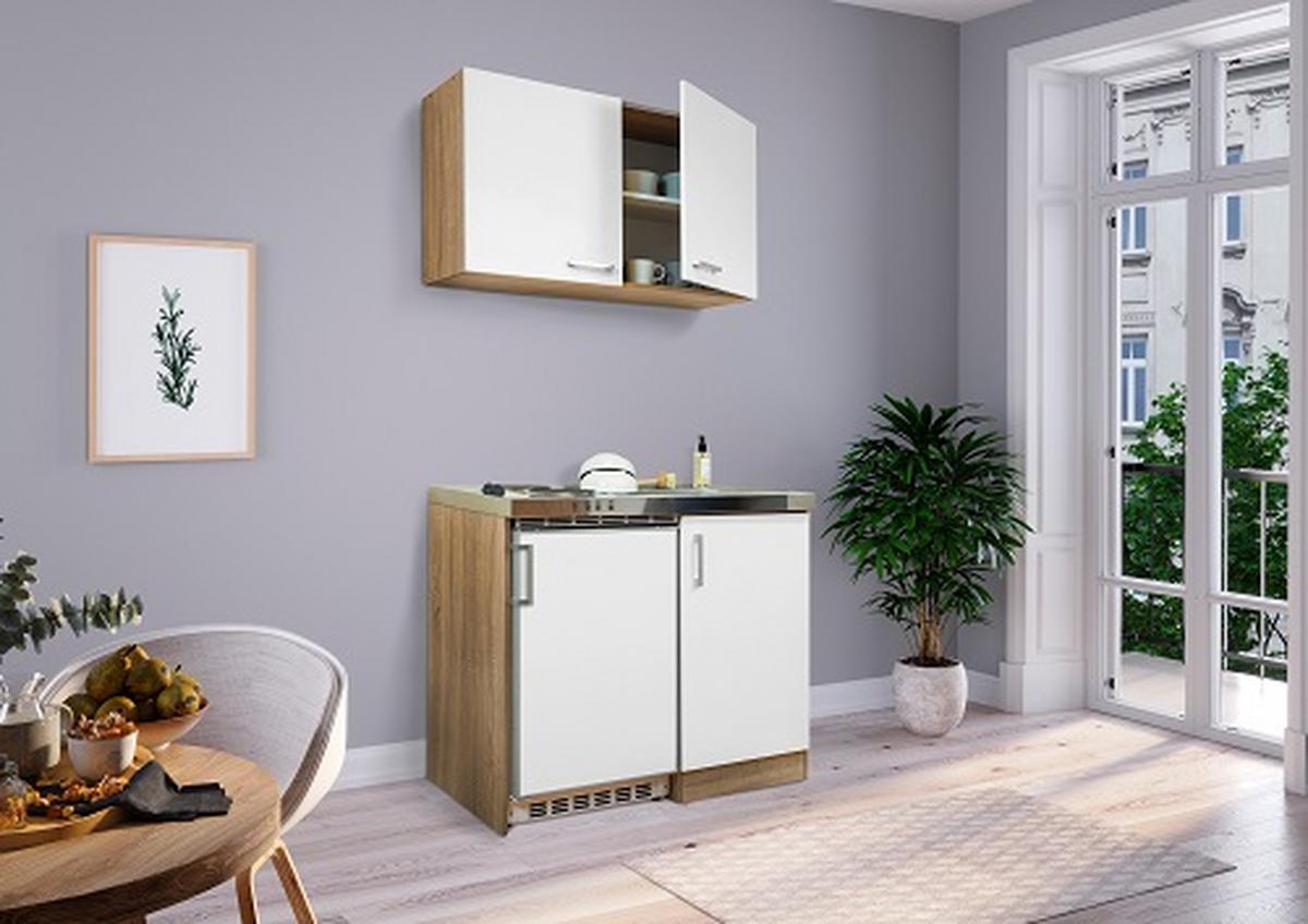 Miniküche Weiss/Eiche Sonoma m. Geräten B: ca. 100 cm - Edelstahlfarben/Eichefarben, MODERN, Holzwerkstoff/Kunststoff (100cm) - Respekta