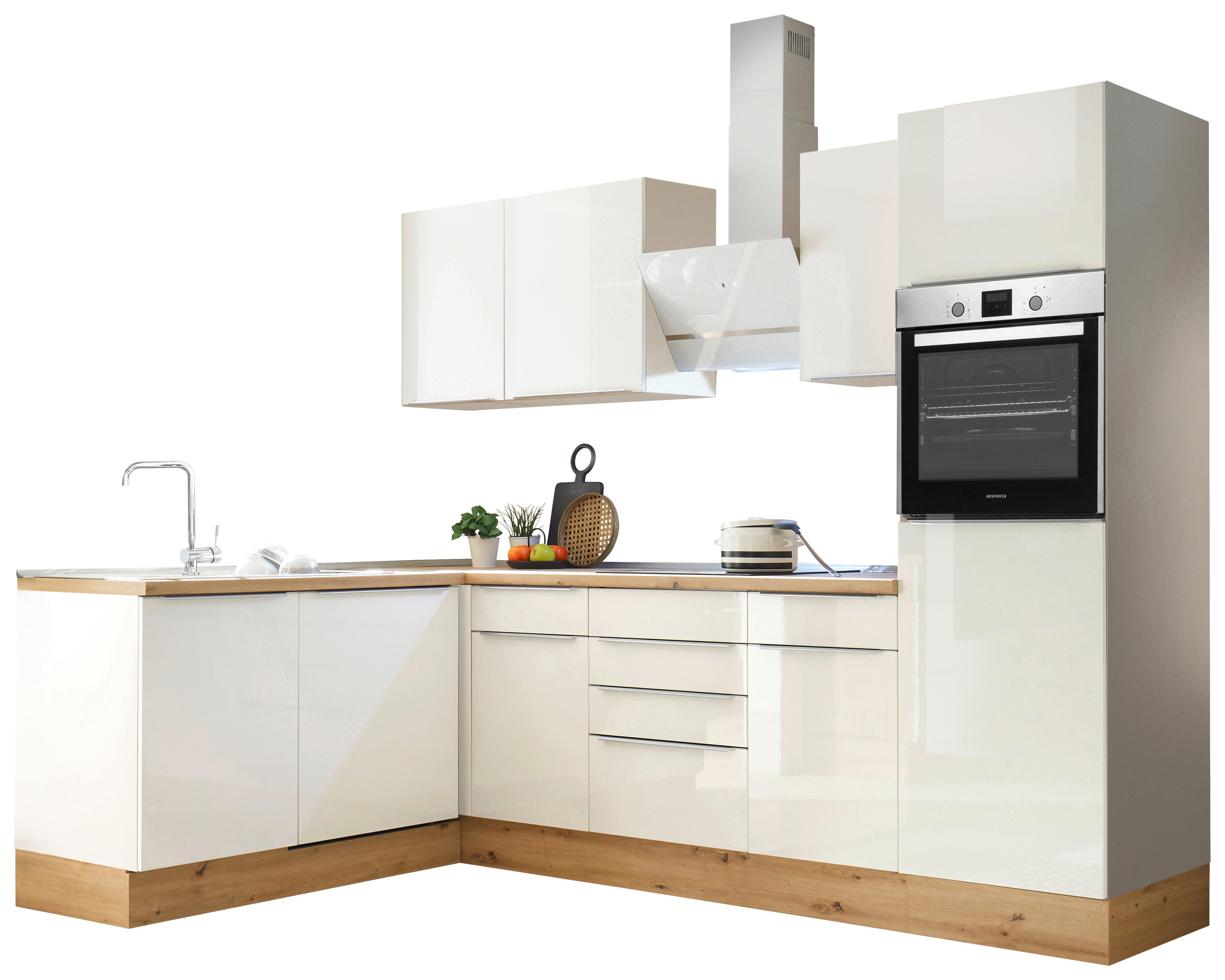 Eckküche Marleen mit Geräten Weiß/Eiche ca. 280x170 cm - Weiß Hochglanz/Alufarben, LIFESTYLE, Holzwerkstoff/Kunststoff (280/170cm) - Respekta