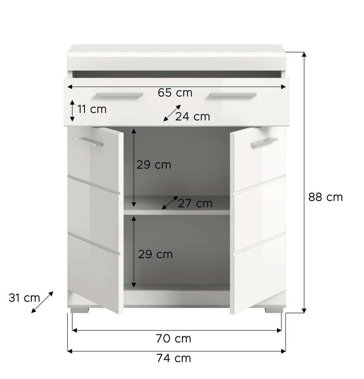 Midischrank SCOUT Weiß Hochglanz ca. 74x88x31 cm - Weiß Hochglanz/Silberfarben, MODERN, Holzwerkstoff/Kunststoff (74/88/31cm) - MID.YOU
