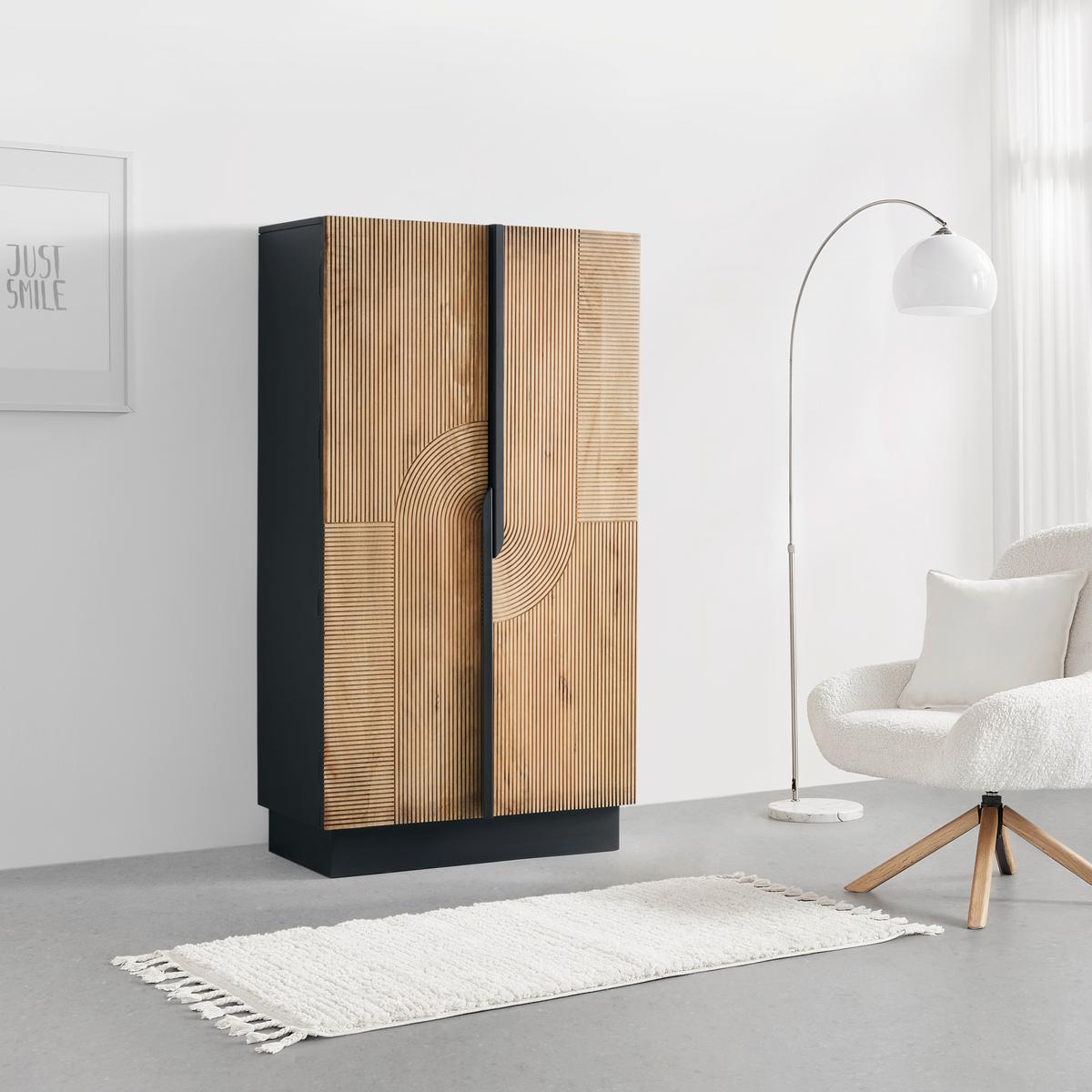 Barschrank Arian aus Mangoholz in Naturfarben/Schwarz - Schwarz/Naturfarben, MODERN, Holz/Metall (85/155/42cm) - Zandiara