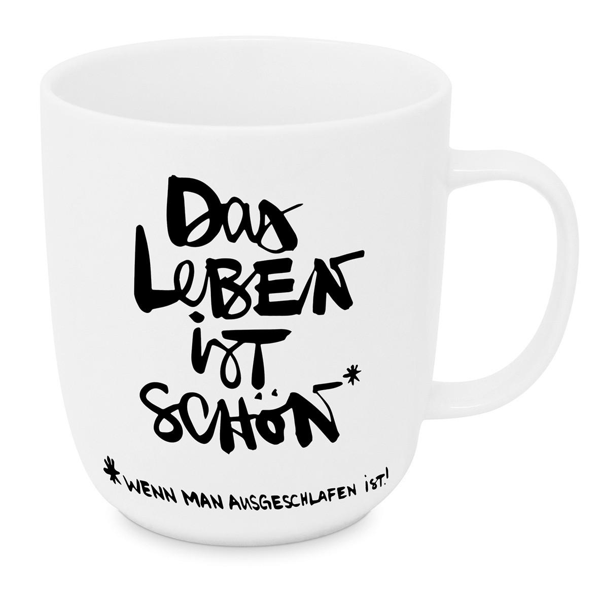 Kaffeebecher Schönes Leben aus Keramik ca. 400ml - Schwarz/Weiß, MODERN, Keramik (9/10cm)