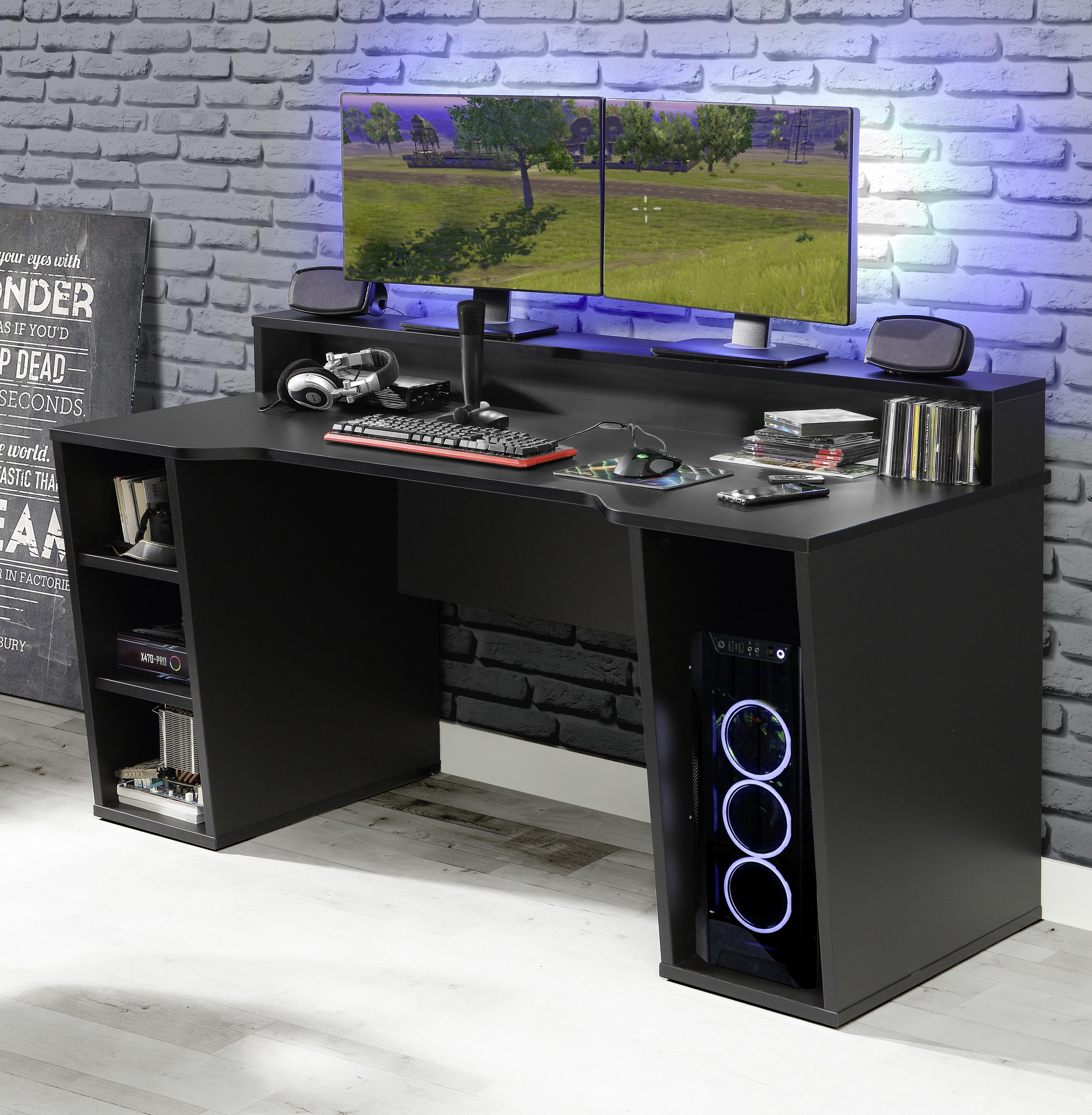 Gamer Asztal Tezaur - fekete, Basics, műanyag/faalapú anyag (160/72/91cm) - MID.YOU