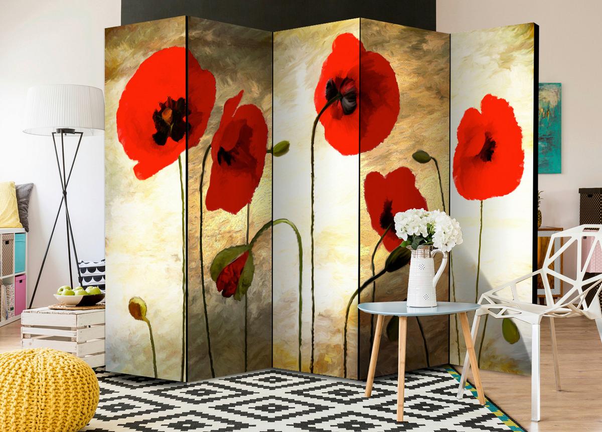 Paravan Golden Field Of Poppies, 5-Delni, Dvostranski - rdeča/rjava, Basics, tekstil/les (225/172/3cm) - artgeist