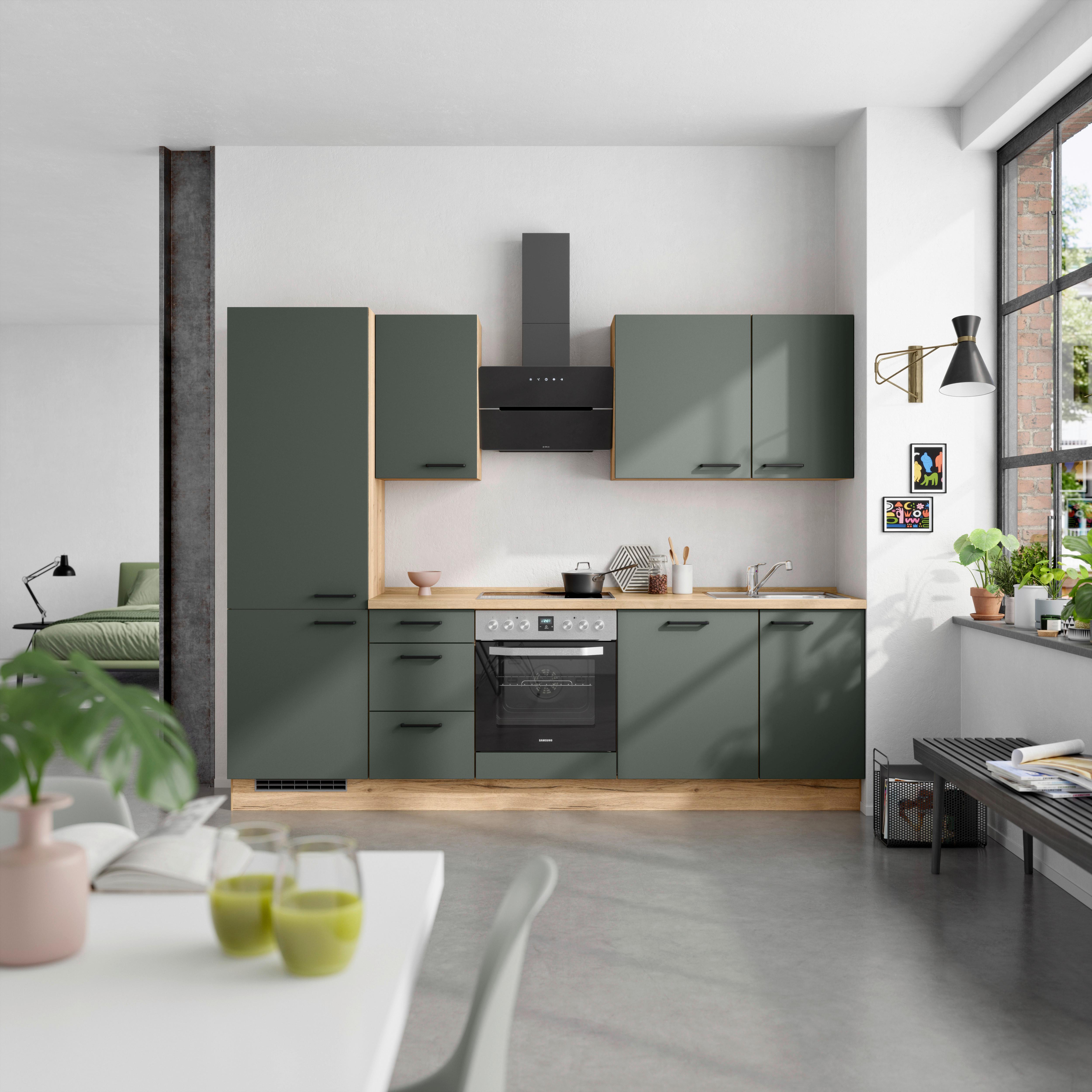Küchenblock Easytouch High m. Geräten Dunkelgrün - Dunkelgrün/Eichefarben, MODERN, Holzwerkstoff/Metall (270cm) - Nobilia