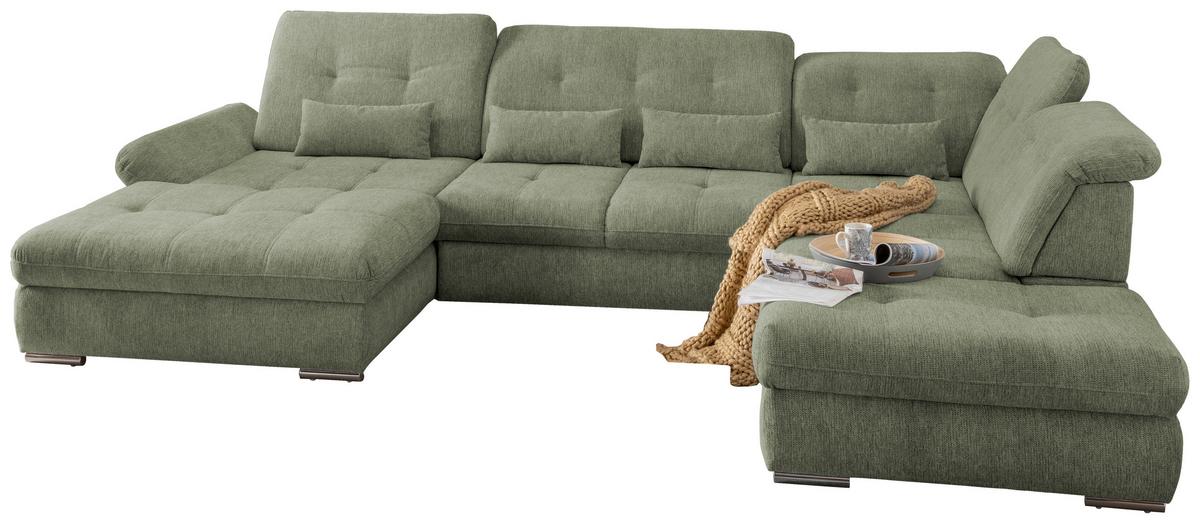 Wohnlandschaft Dalida Grün Chenille - Chromfarben/Grün, Design, Textil/Metall (195/376/254cm) - Livetastic