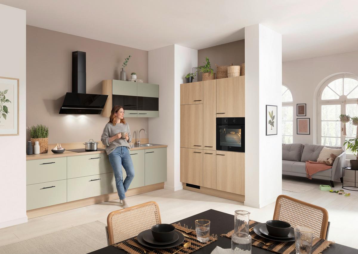 Einbauküche IP1200/2200 o. Geräte Eichefarben - Eichefarben/Schwarz, MODERN, Holzwerkstoff/Metall (280/150cm) - Impuls