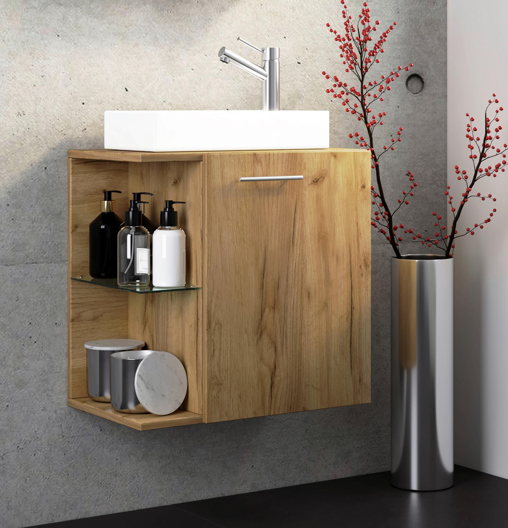 WASCHTISCHKOMBI HAUSA - Honigeiche/Weiss, Modern, Glas/Keramik (52cm) - MID.YOU