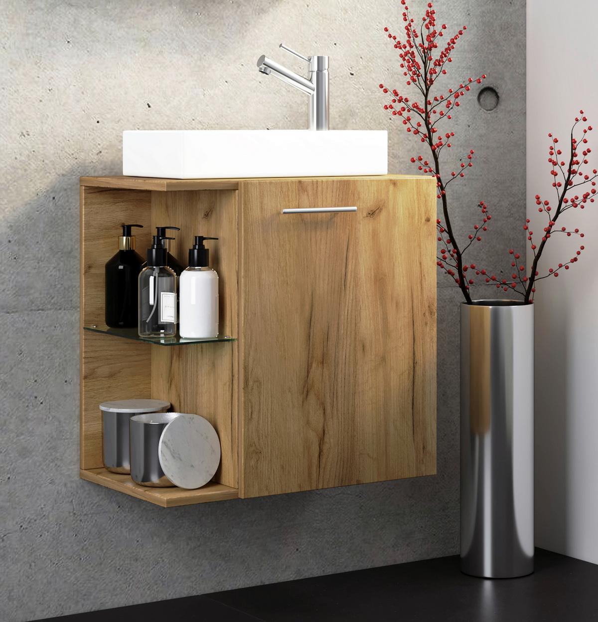 WASCHTISCHKOMBI HAUSA - Honigeiche/Weiss, Modern, Glas/Keramik (52cm) - MID.YOU