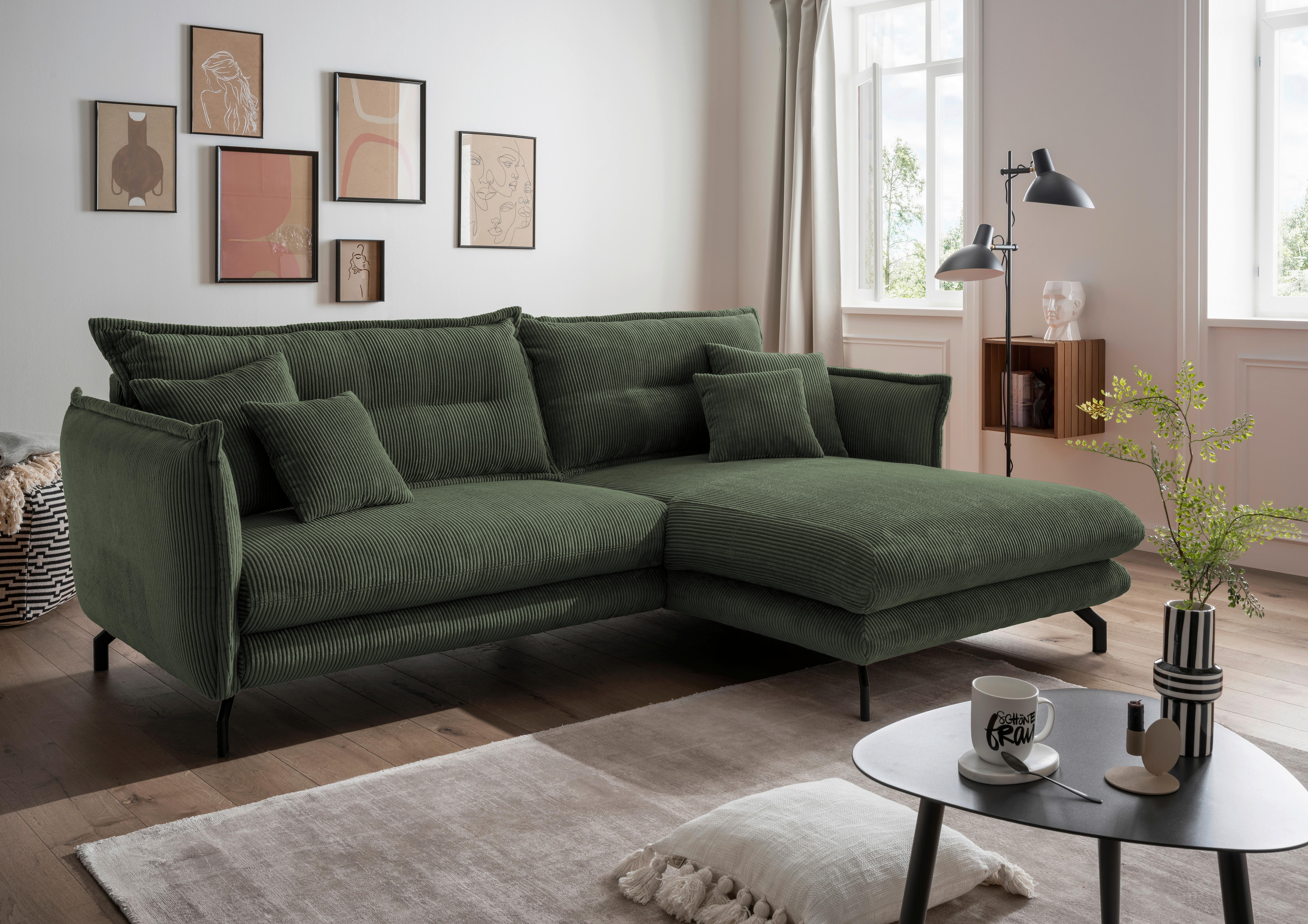 Wohnlandschaft Lava Moosgrün Cord ca. 255x180 cm - Schwarz/Grün, MODERN, Textil/Metall (255/180cm) - Livetastic