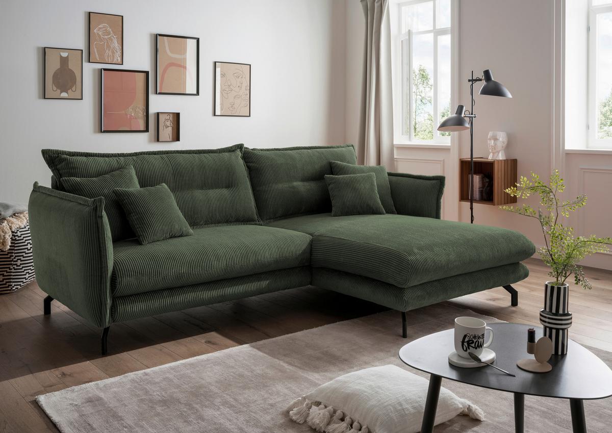 Wohnlandschaft Lava Moosgrün Cord ca. 255x180 cm - Schwarz/Grün, MODERN, Textil/Metall (255/180cm) - Livetastic