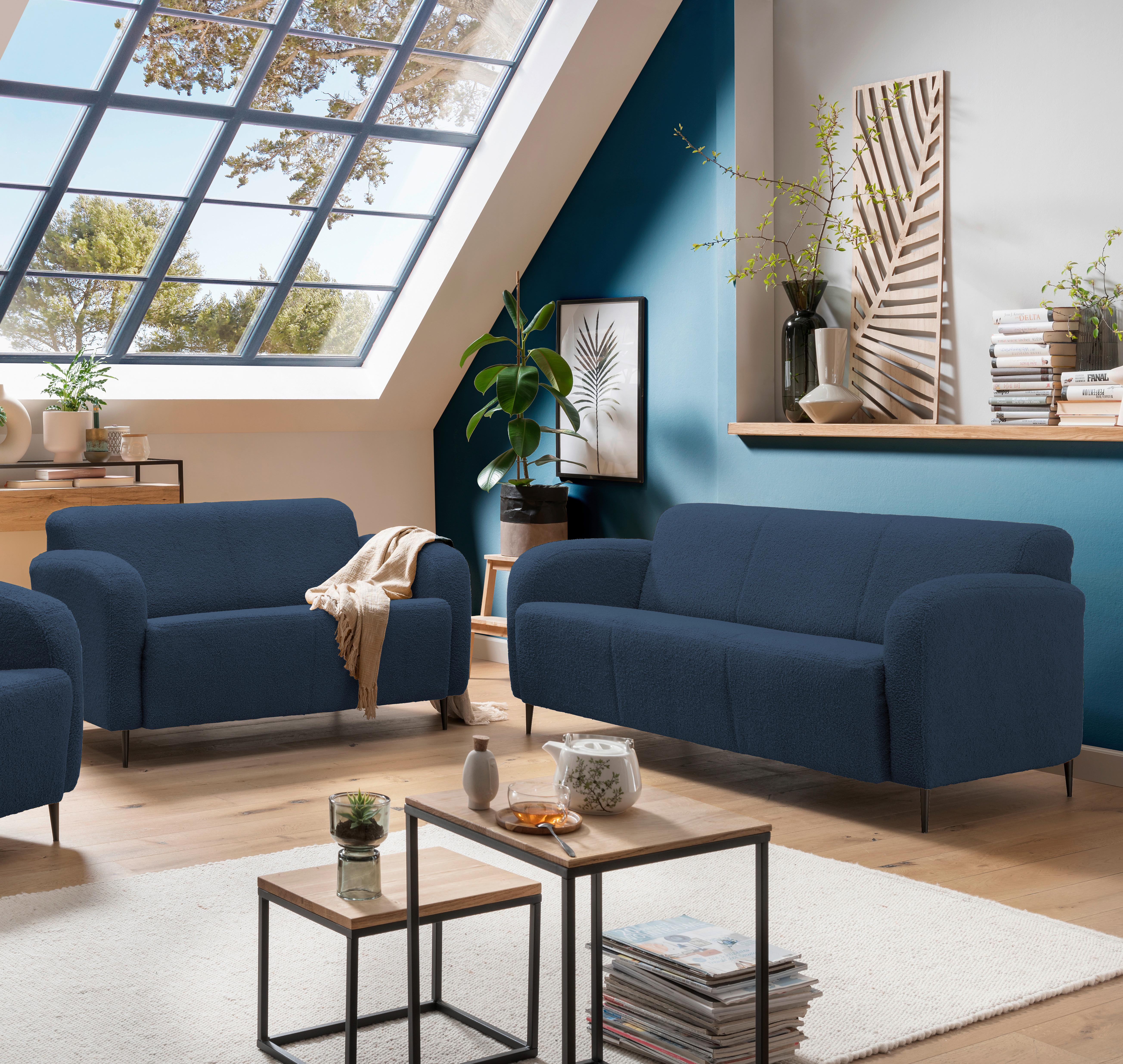 Sitzgarnitur Marone Blau Teddystoff - Blau/Schwarz, MODERN, Textil/Metall (180/76/90cm) - Livetastic
