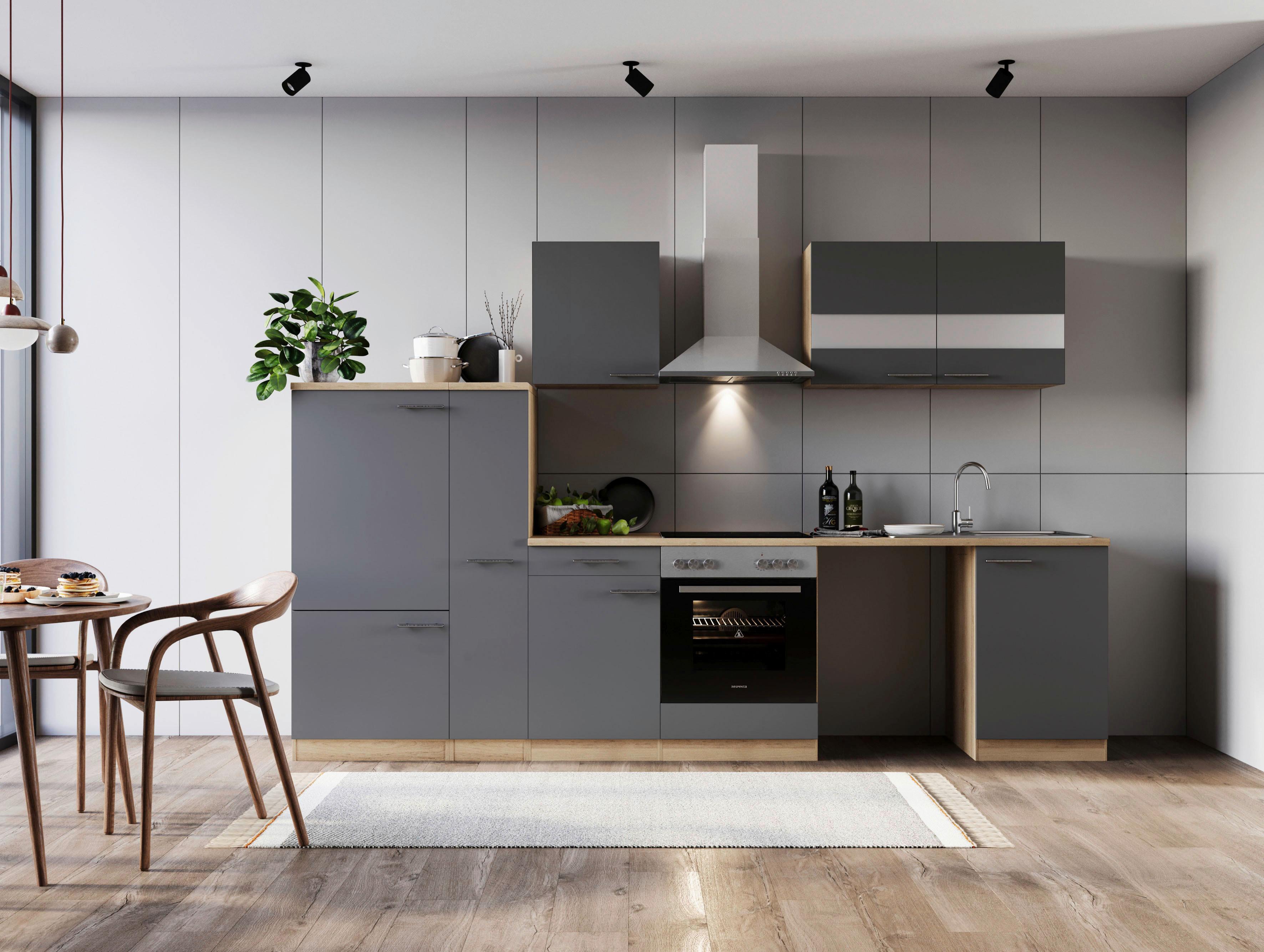 Küchenblock Merle m. Geräte Grau - Edelstahlfarben/Eichefarben, Basics, Glas/Holzwerkstoff (310cm) - Respekta