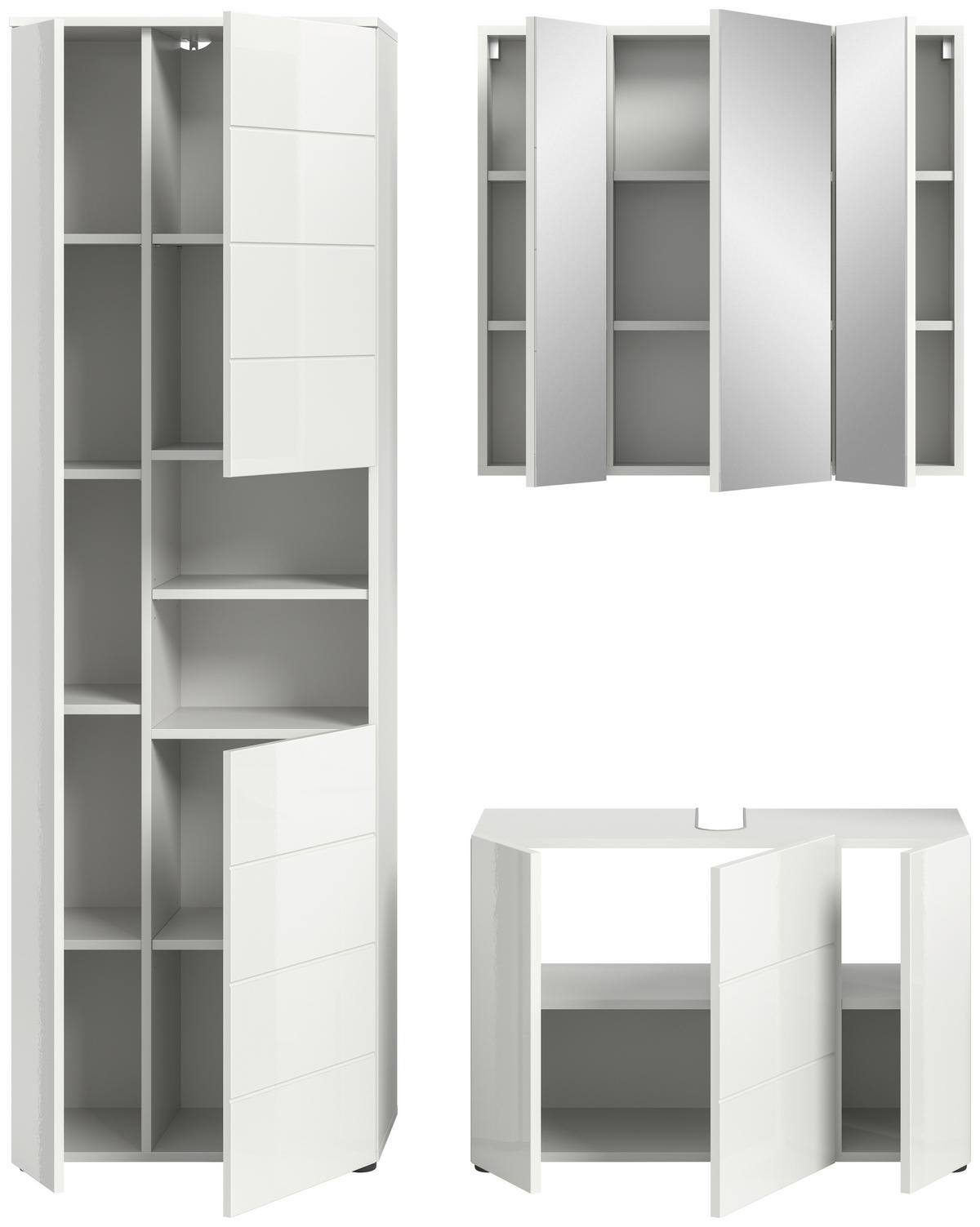 Badezimmer Vira 3-tlg. mit LED ca. 142 cm Weiß - Weiß Hochglanz/Schwarz, MODERN, Holzwerkstoff/Kunststoff (142cm) - MID.YOU