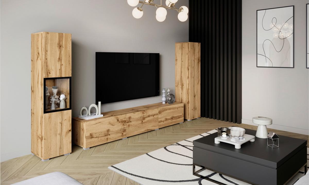 Wohnwand mit LED Berlin III Wotan Eiche Dekor - Eiche Wotan/Grau, Design, Glas/Holzwerkstoff (240/130/31cm) - P & B