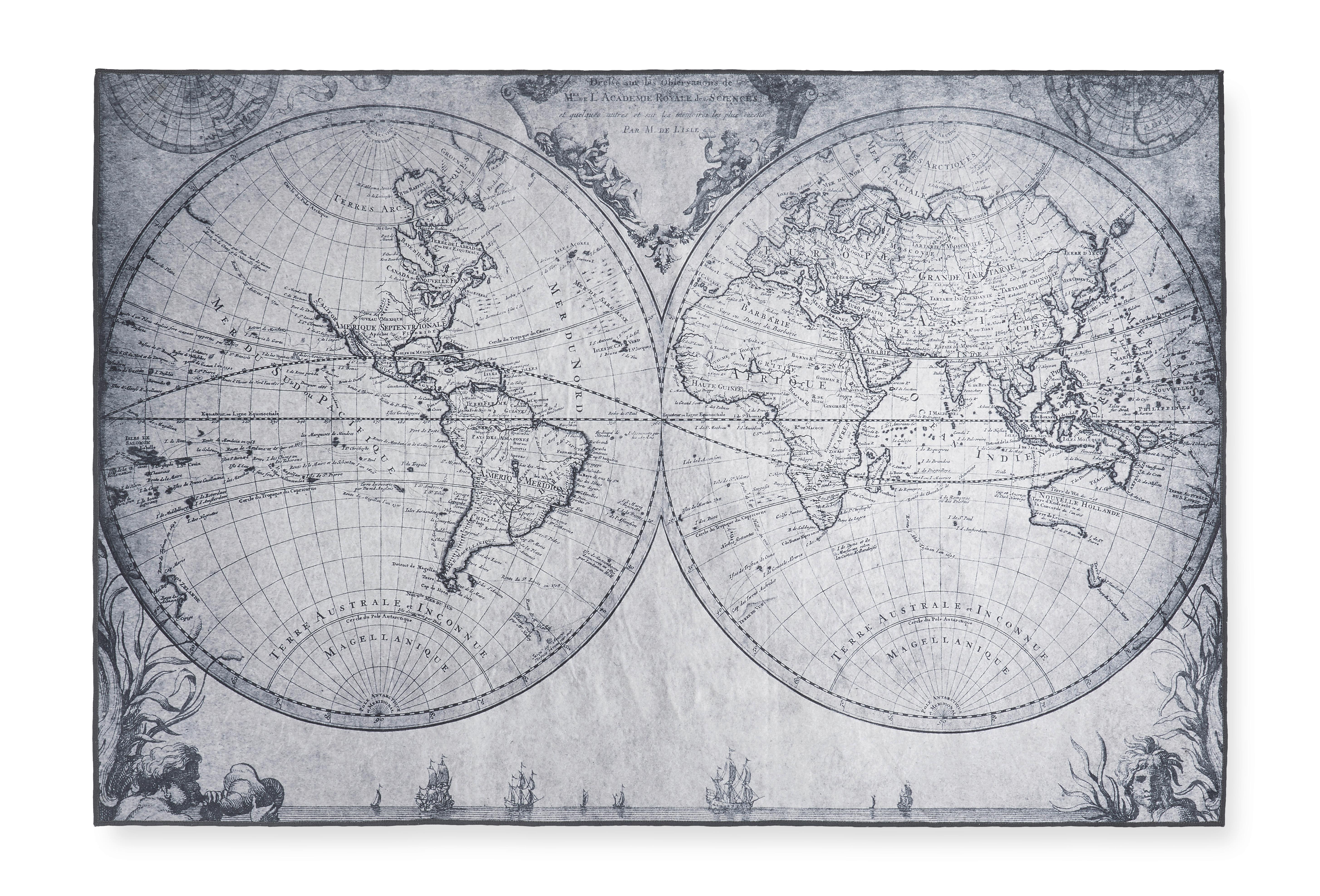 Flachwebeteppich World Map in Grau ca.120x180cm - Schwarz/Weiß, ROMANTIK / LANDHAUS, Textil (120/180cm) - Modern Living