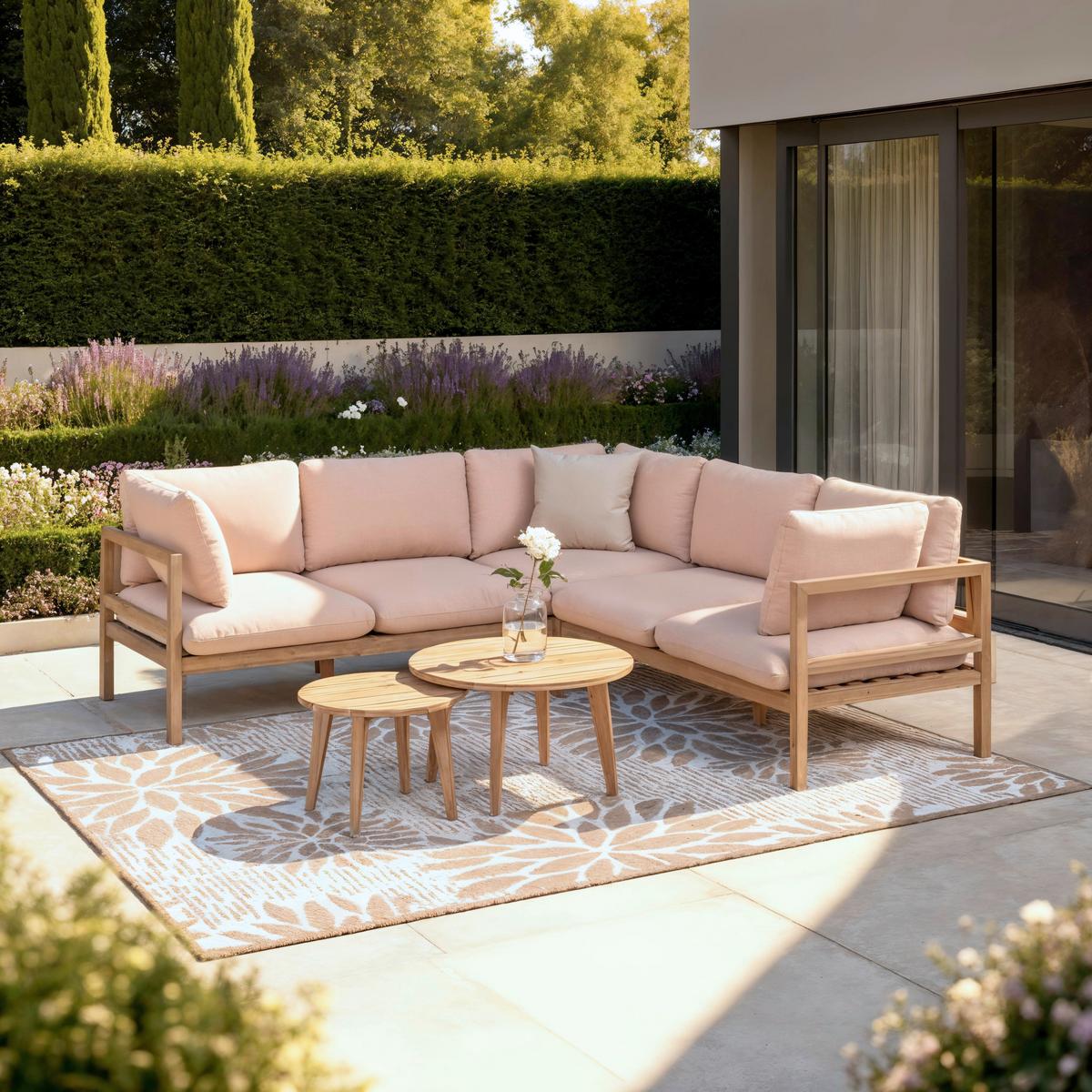 Loungegarnitur Livia Rosa Outdoorstoff/Holz - Naturfarben/Rosa, MODERN, Holz/Textil - Bessagi Garden