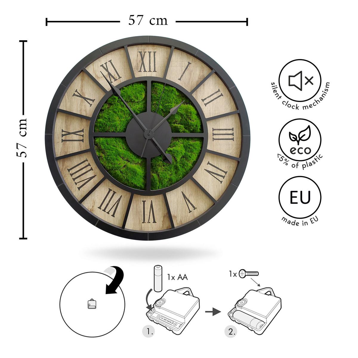Wanduhr CL Schwarz/Eichefarben/Dunkelgrün - Dunkelgrün/Eichefarben, Basics, Holz/Kunststoff (57cm)