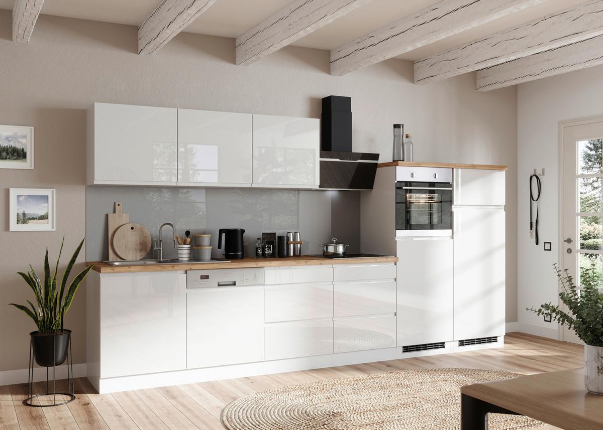 Küchenzeile Monza ohne Geräte ca. 360 cm Weiß/Eiche + Spüle - Weiß Hochglanz/Eiche Wotan, LIFESTYLE, Holzwerkstoff (360cm) - Held