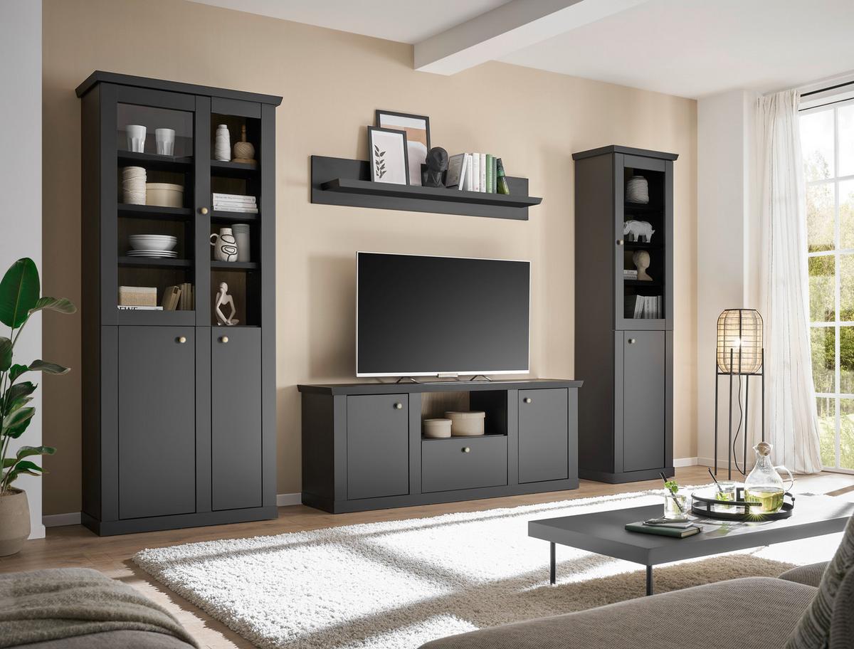 Wohnwand Lincoln Schwarz/Eichefarben B: 319cm - Eichefarben/Messingfarben, Design, Holzwerkstoff/Metall (319/200/42cm) - MID.YOU