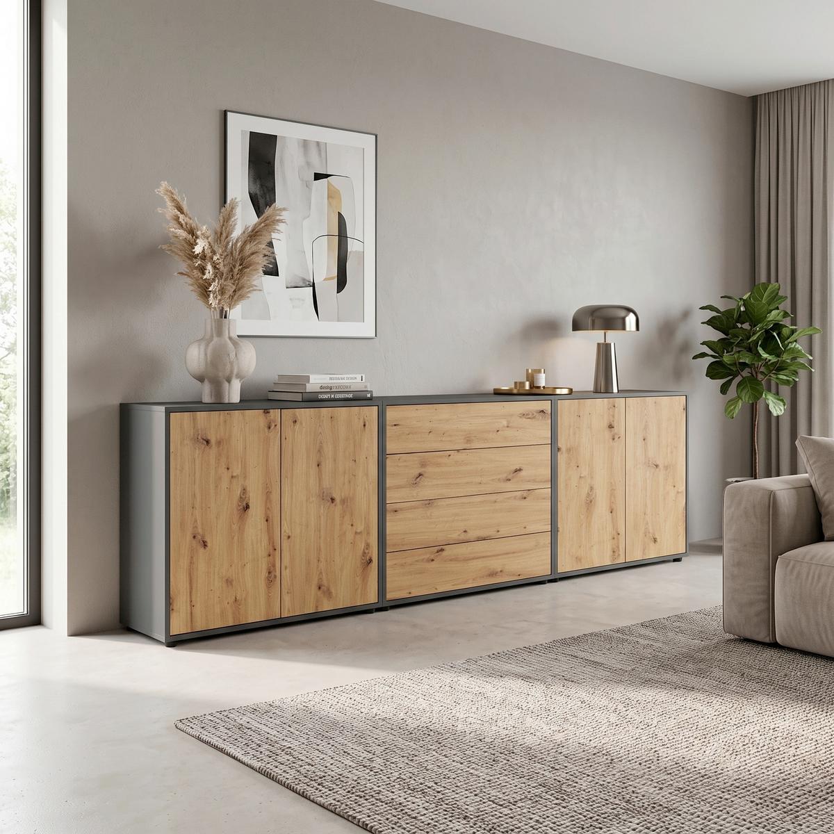 Sideboard Mailand Set 5 Anthrazit/Eiche - Anthrazit/Schwarz, MODERN, Holzwerkstoff/Kunststoff (237/73/33cm) - MID.YOU