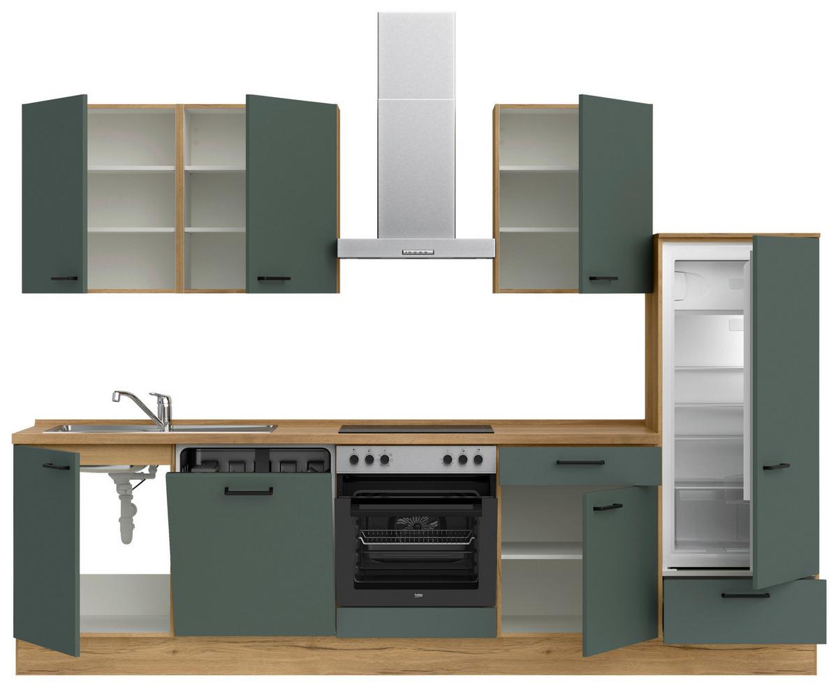 Küchenblock Easytouch m. Geräten Dunkelgrün - Dunkelgrün/Eichefarben, MODERN, Holzwerkstoff/Metall (300cm) - Nobilia