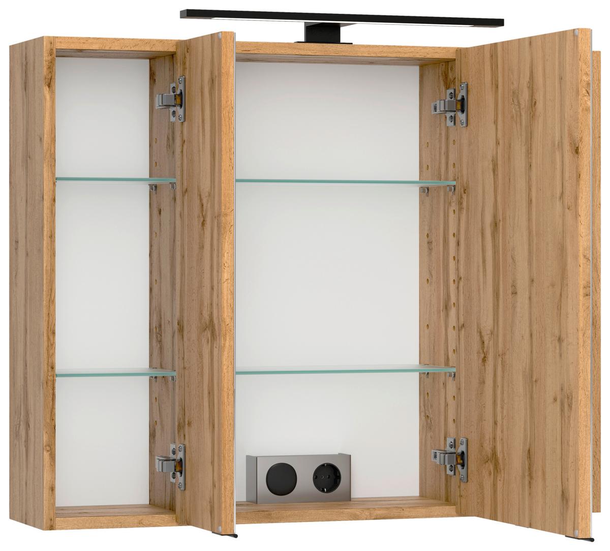 Spiegelschrank Chester mit LED 3-türig ca. 80x68 cm Eiche - Eiche Wotan/Schwarz, MODERN, Glas/Holzwerkstoff (80/67,5/20cm) - Held