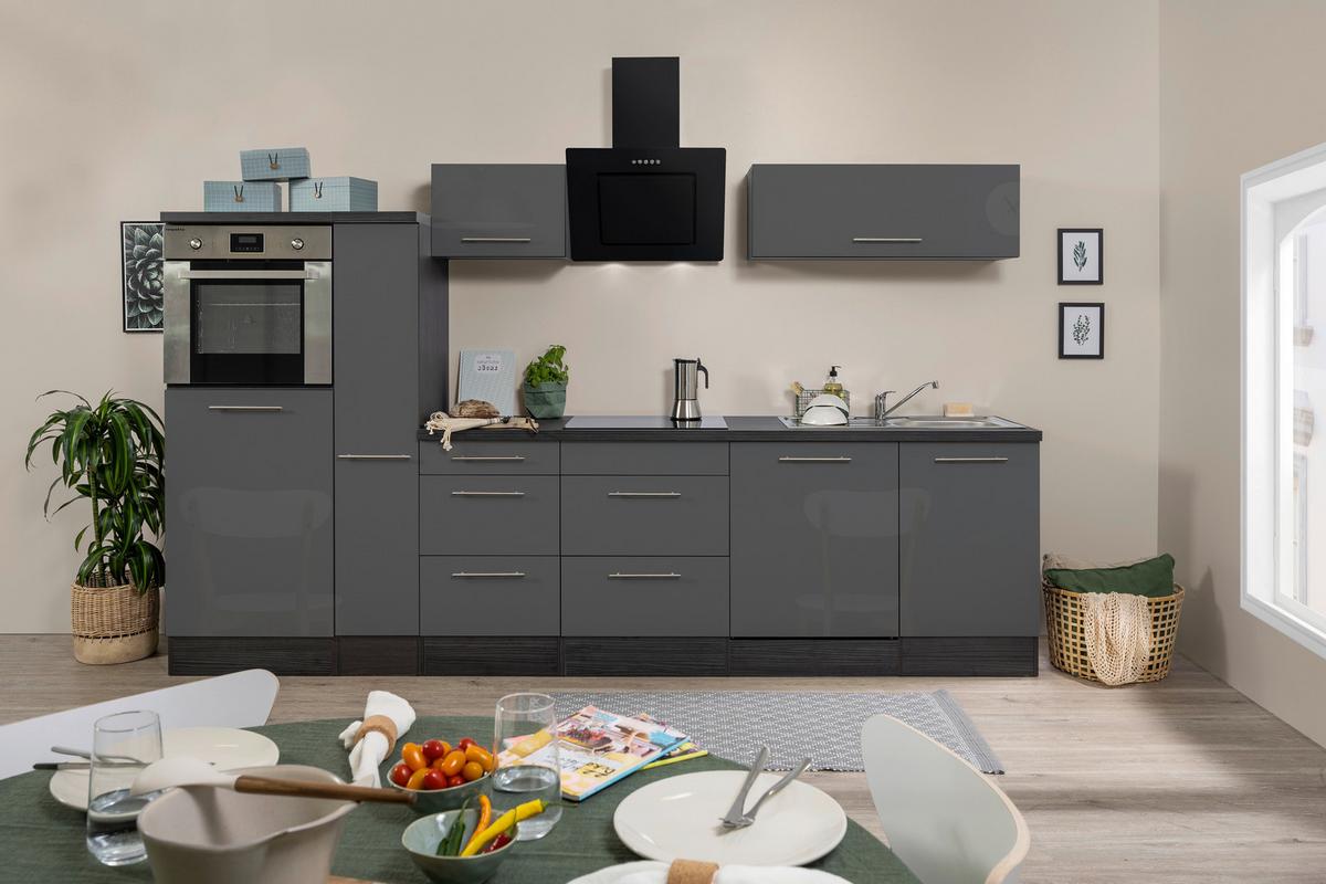 Küchenzeile mit Geräte Grau Hochglanz B: ca. 310 cm - Edelstahlfarben/Eichefarben, Basics, Holzwerkstoff/Metall (310cm) - Respekta