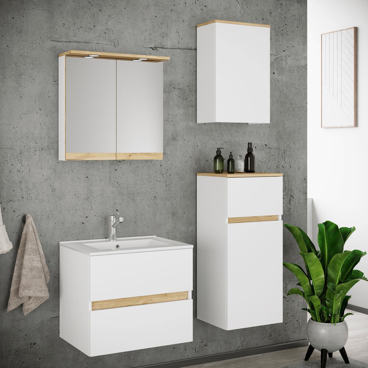 Badezimmer Cosila - Honigeiche/Weiss, Trend, Keramik/Holzwerkstoff (101cm) - MID.YOU