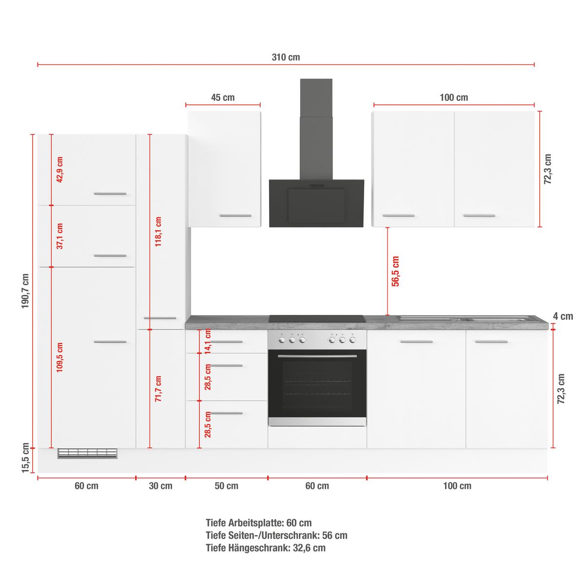 Küchenblock IBZ ohne Gertäte ca. 310 cm Weiß - Edelstahlfarben/Eichefarben, Design, Holzwerkstoff/Metall (310cm) - Impuls
