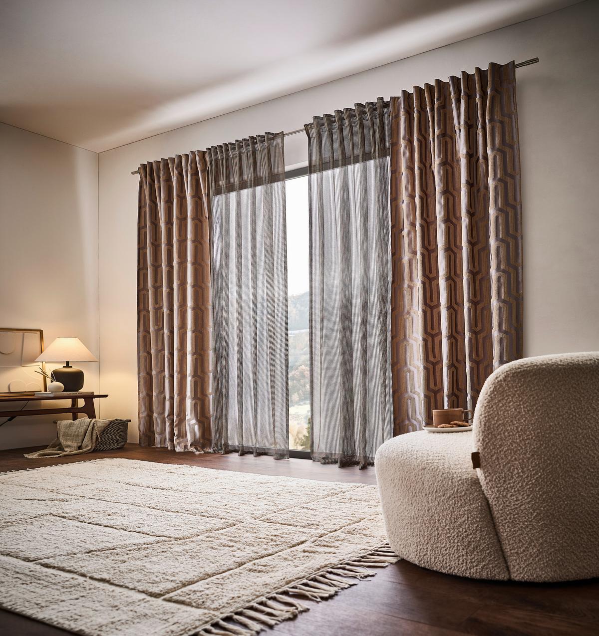 ZASŁONA GOTOWA MALFOY - kolor złoty/taupe, Design, tkanina (140/245cm) - Ambiente