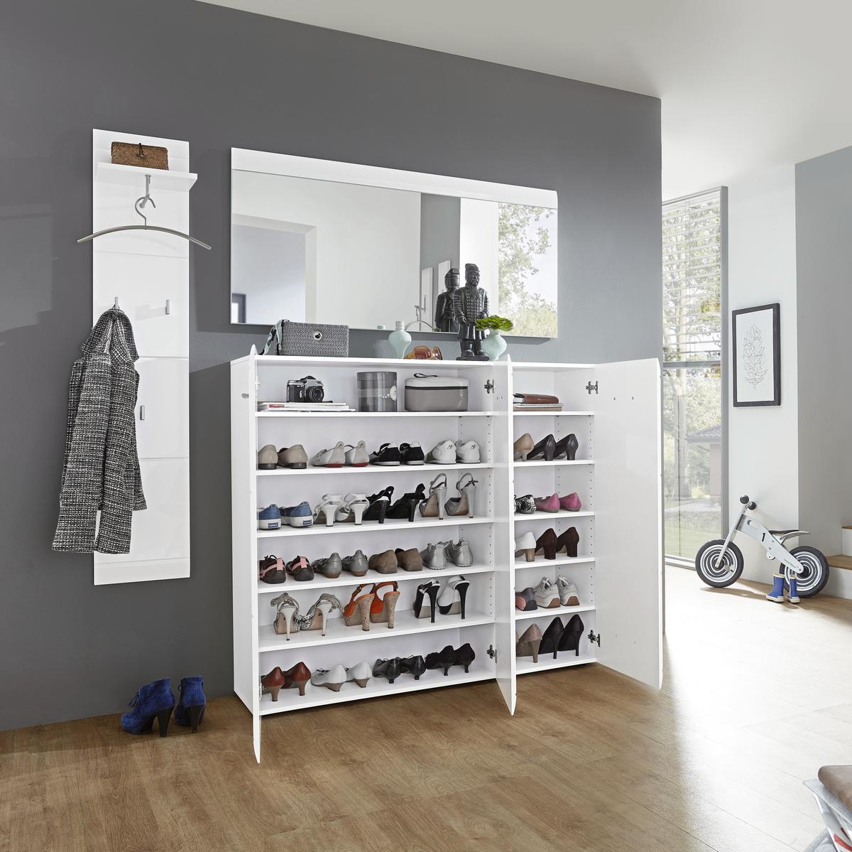 SZAFKA NA BUTY ADANA - kolor srebrny/biały, Design, materiał drewnopochodny/tworzywo sztuczne (134/120/36cm) - Carryhome