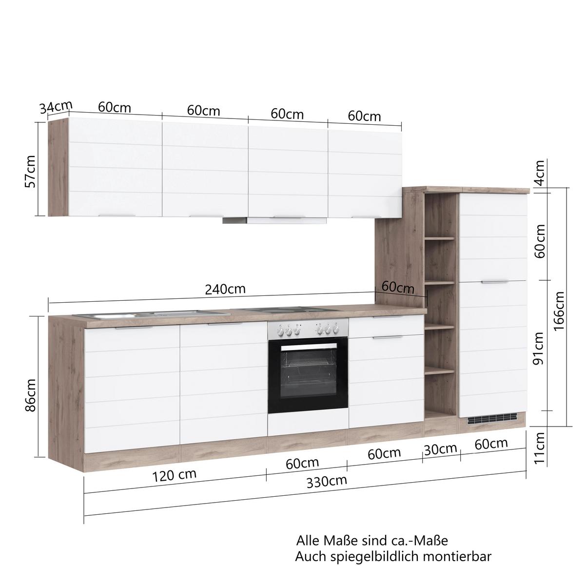 Küchenblock Florenz ohne Geräte ca. 330 cm Grau/Eiche - Eiche Wotan/Grau, Design, Holzwerkstoff/Metall (330cm) - Held