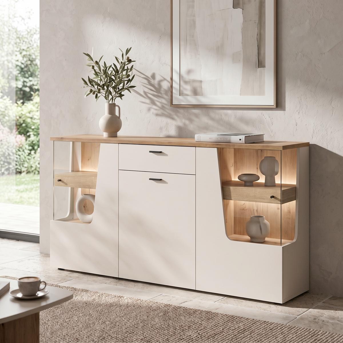 Comodă Cut Out - cașmir/culoare lemn stejar, Modern, sticlă/material pe bază de lemn (165/90/40cm) - Premium Living