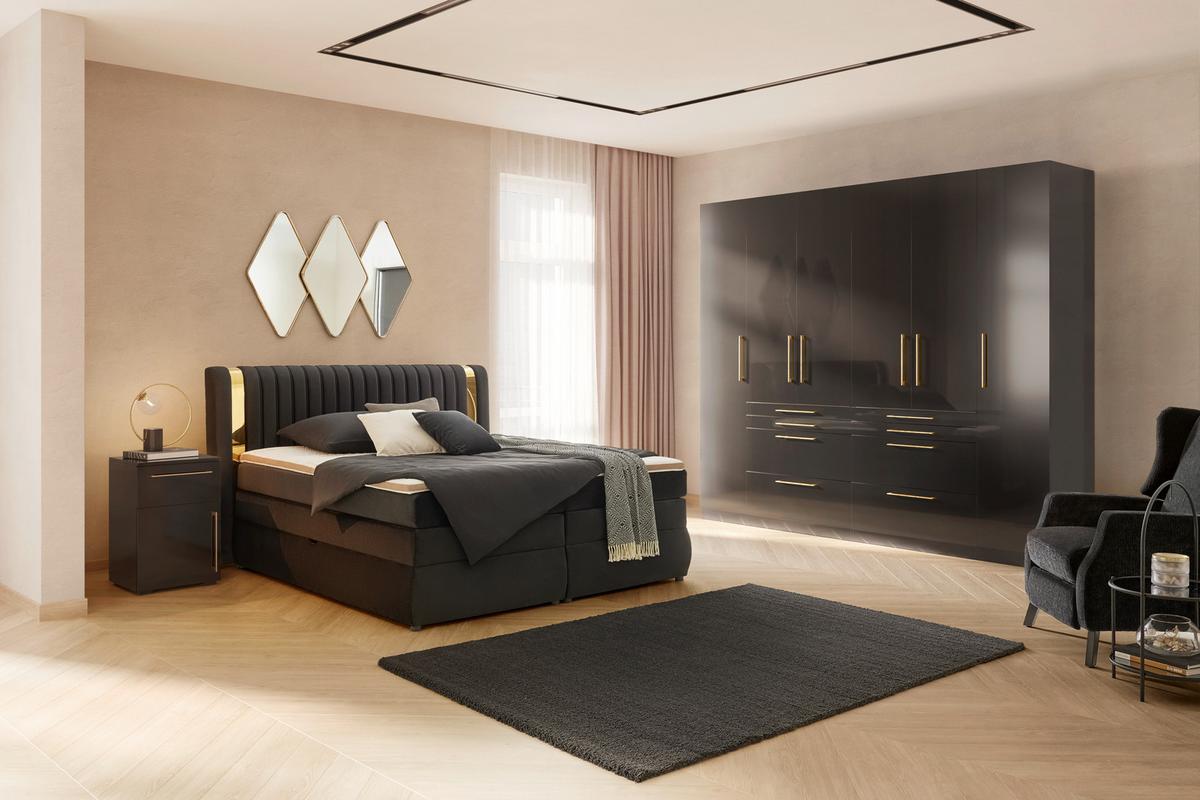 Boxspringbett Minola Gold Schwarz ca. 180x200cm - Schwarz, KONVENTIONELL, Kunststoff/Textil (180/200cm) - Premium Living