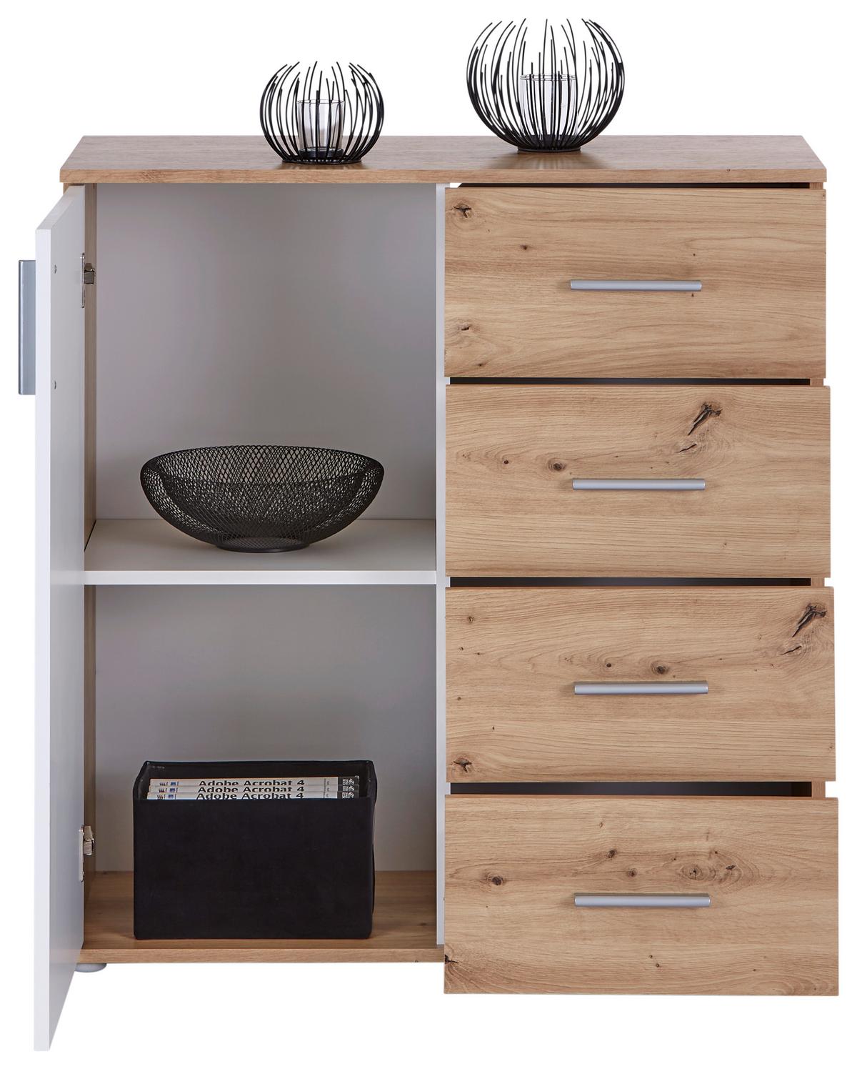 Komoda Ina 02, Barva Hrasta, Bela - bela/barve aluminija, Moderno, umetna masa/leseni material (88,2/94,8/38,3cm) - Mömax