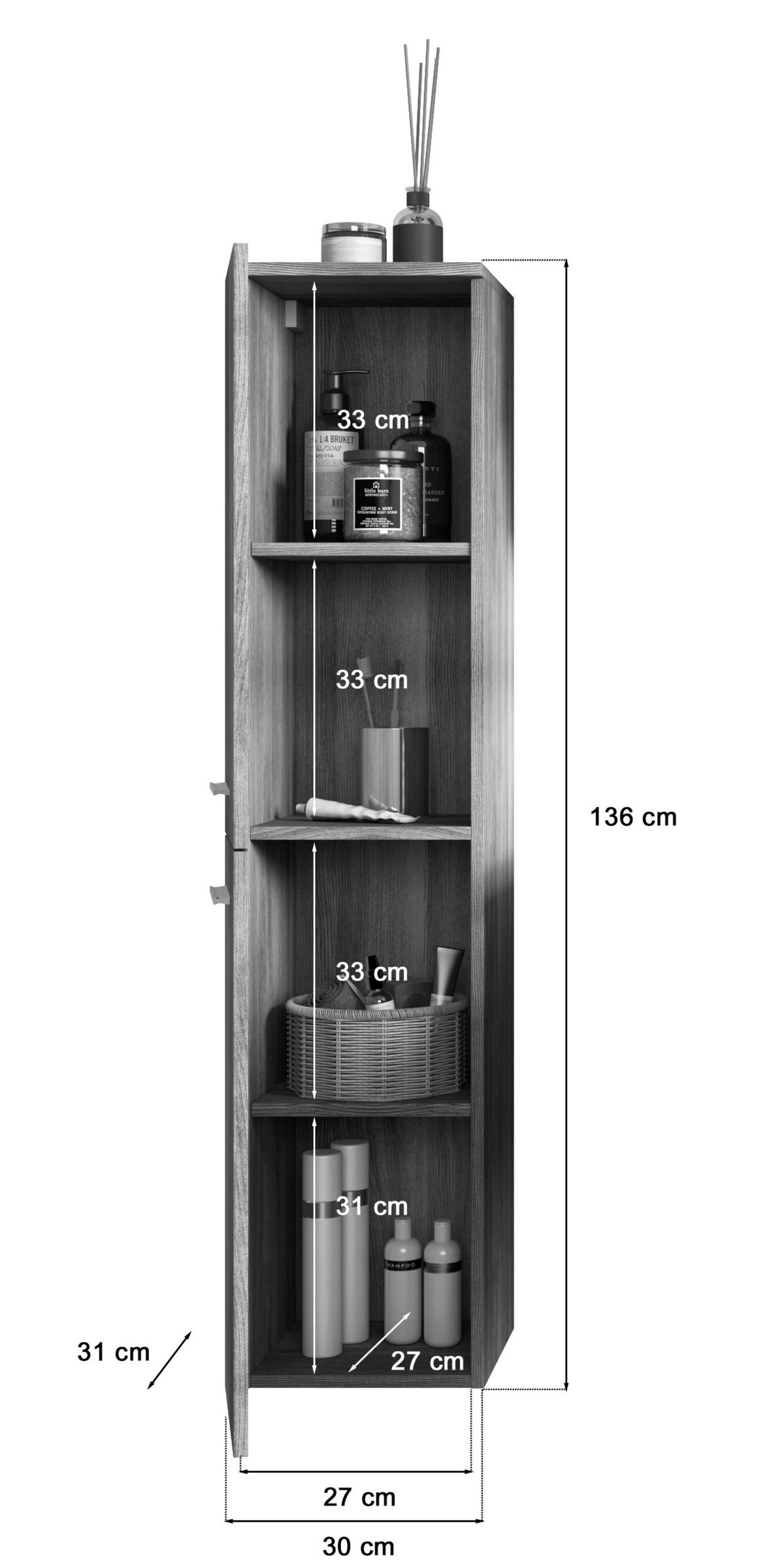 Midischrank York ca. 30x136x31 cm Rauschsilber - Chromfarben/Grau, MODERN, Holzwerkstoff/Kunststoff (30/136/31cm) - MID.YOU