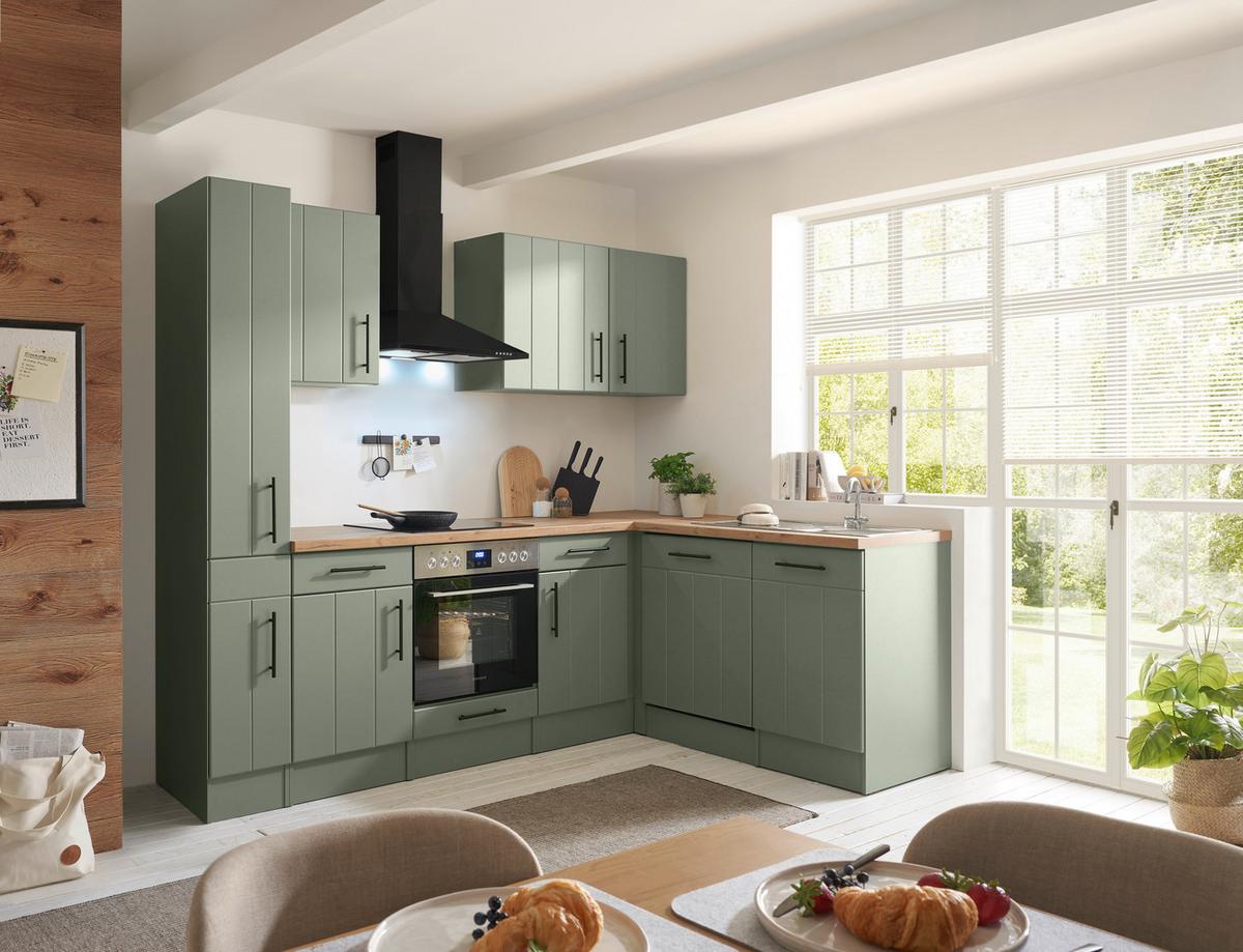 Eckküche Anton m. Geräte ca. 250x172cm Eiche/Schilfgrün - Schilfgrün/Wildeiche, Trend, Holzwerkstoff/Metall (250/172cm) - Respekta