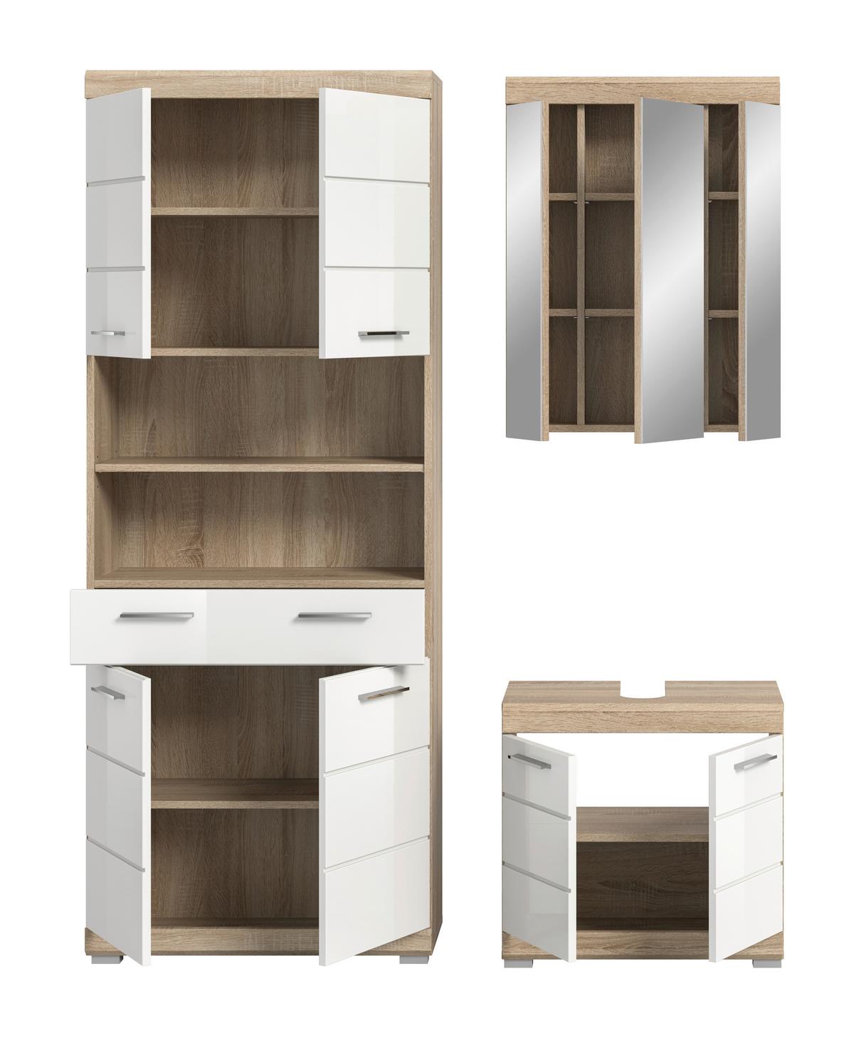 Badezimmer Lambada 3-tlg. ca. 134 cm Eiche/Weiß - Chromfarben/Weiß Hochglanz, Basics, Holzwerkstoff/Kunststoff (134cm) - MID.YOU