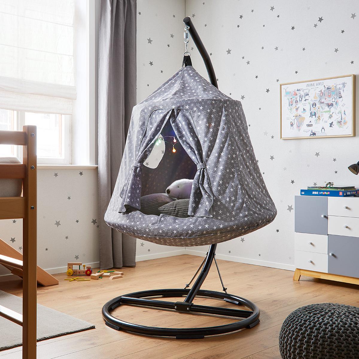 Hängesessel Maya Grau/Weiß inkl. Kissen - Schwarz/Weiß, MODERN, Textil/Metall (110/190/110cm) - Bessagi Kids