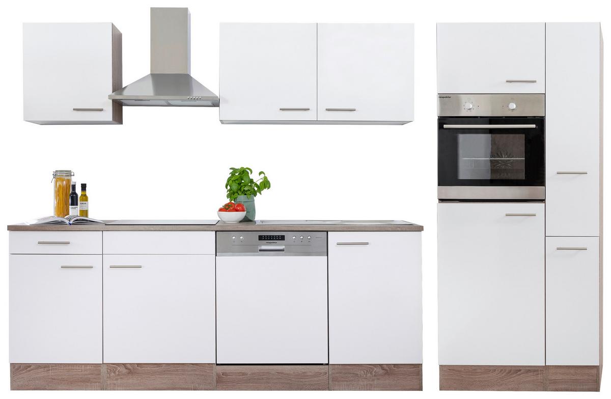 Küchenzeile Economy o. Geräte Weiß/Eiche B: ca. 310 cm - Edelstahlfarben/Eichefarben, Basics, Holzwerkstoff/Metall (310/205/60cm) - Respekta