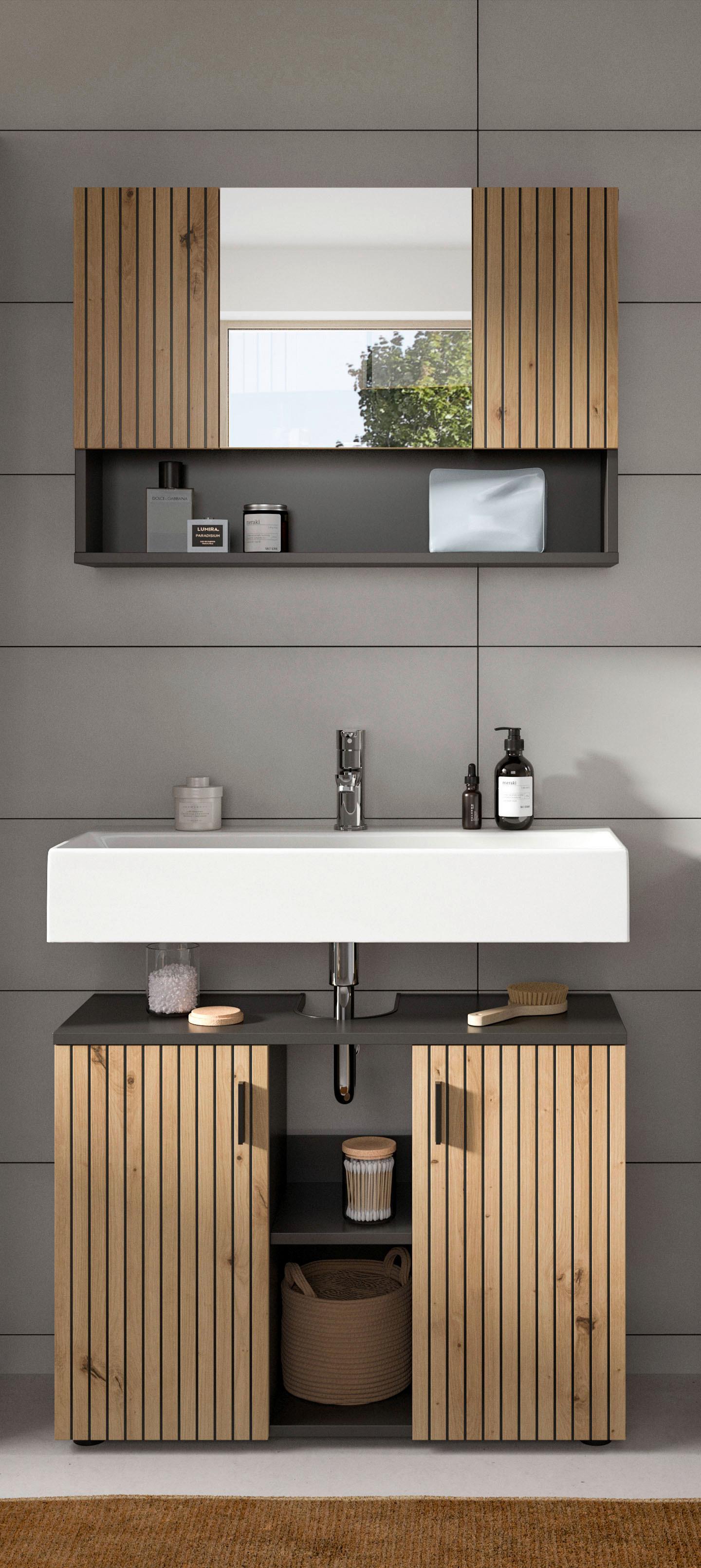 Kopalnica Mone, Barva Hrasta, Siva, 2-Delna - črna/hrast artisan, Basics, umetna masa/leseni material (80/189/30cm) - MID.YOU