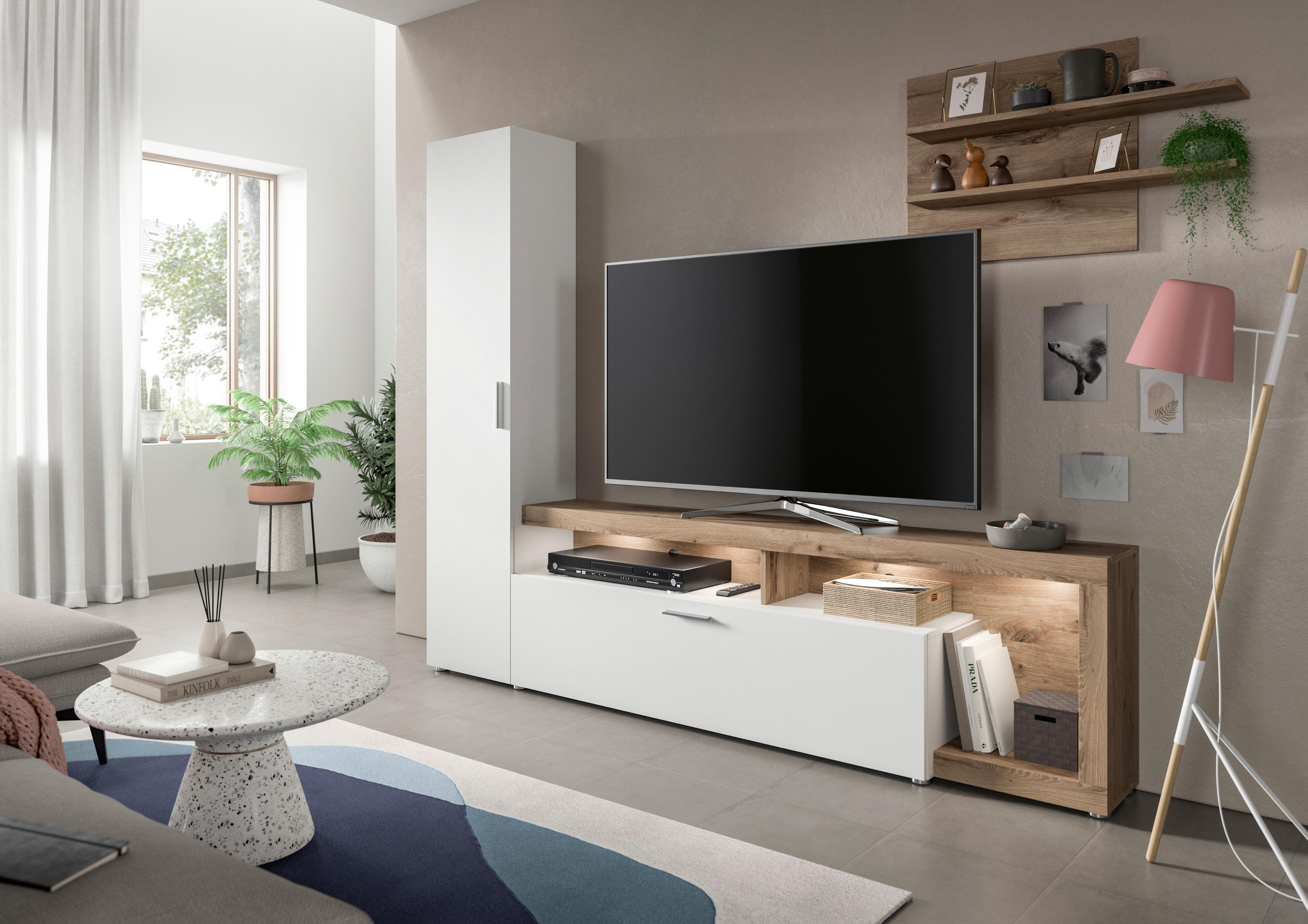 Dnevni Regal Cross, Barva Hrasta, Bela, 3-Delno - črna/barve hrasta, Design, umetna masa/leseni material (218/178/31cm) - Livetastic