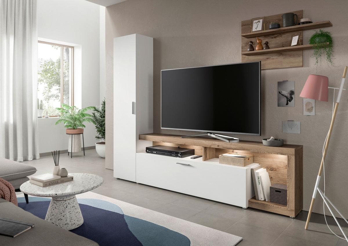 Dnevni Regal Cross, Barva Hrasta, Bela, 3-Delno - črna/barve hrasta, Design, umetna masa/leseni material (218/178/31cm) - Livetastic