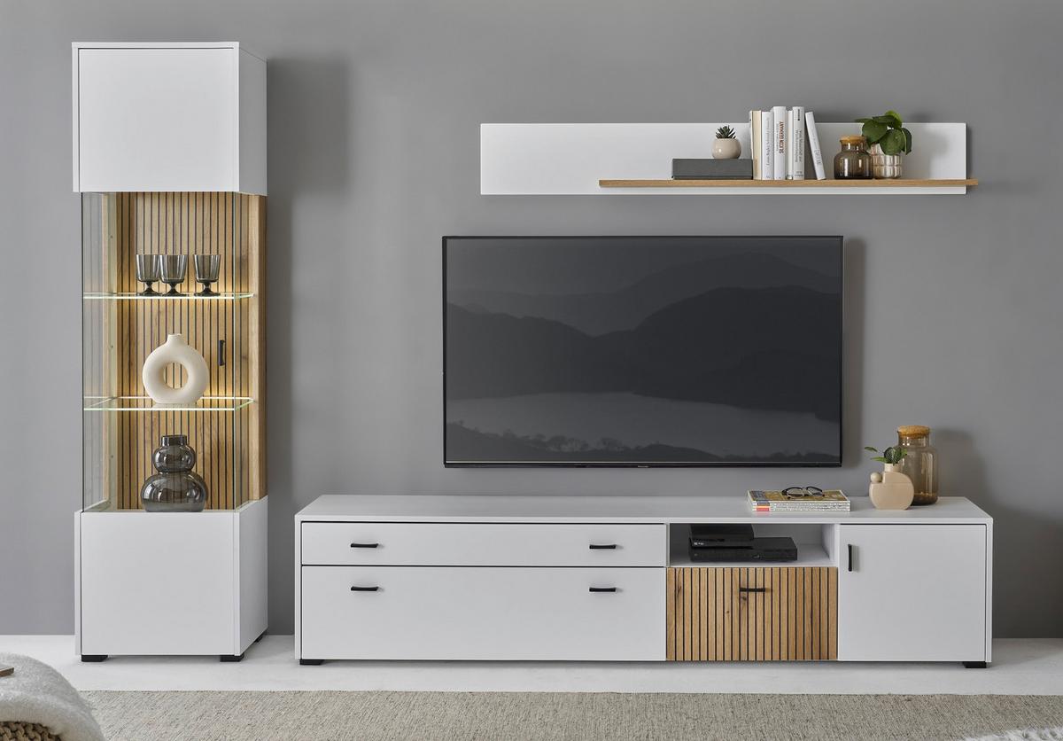 Wohnwand Hudson Weiß/Eichefarben - Eichefarben/Schwarz, Design, Glas/Holzwerkstoff (258/180/42cm) - MID.YOU