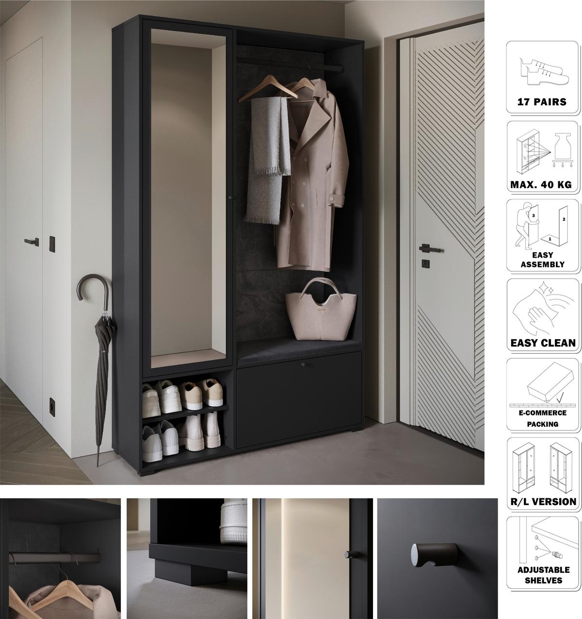 Garderobe Dino 013 4-tlg. Schwarz - Schwarz, Basics, Holzwerkstoff (117,3/190/33cm) - P & B
