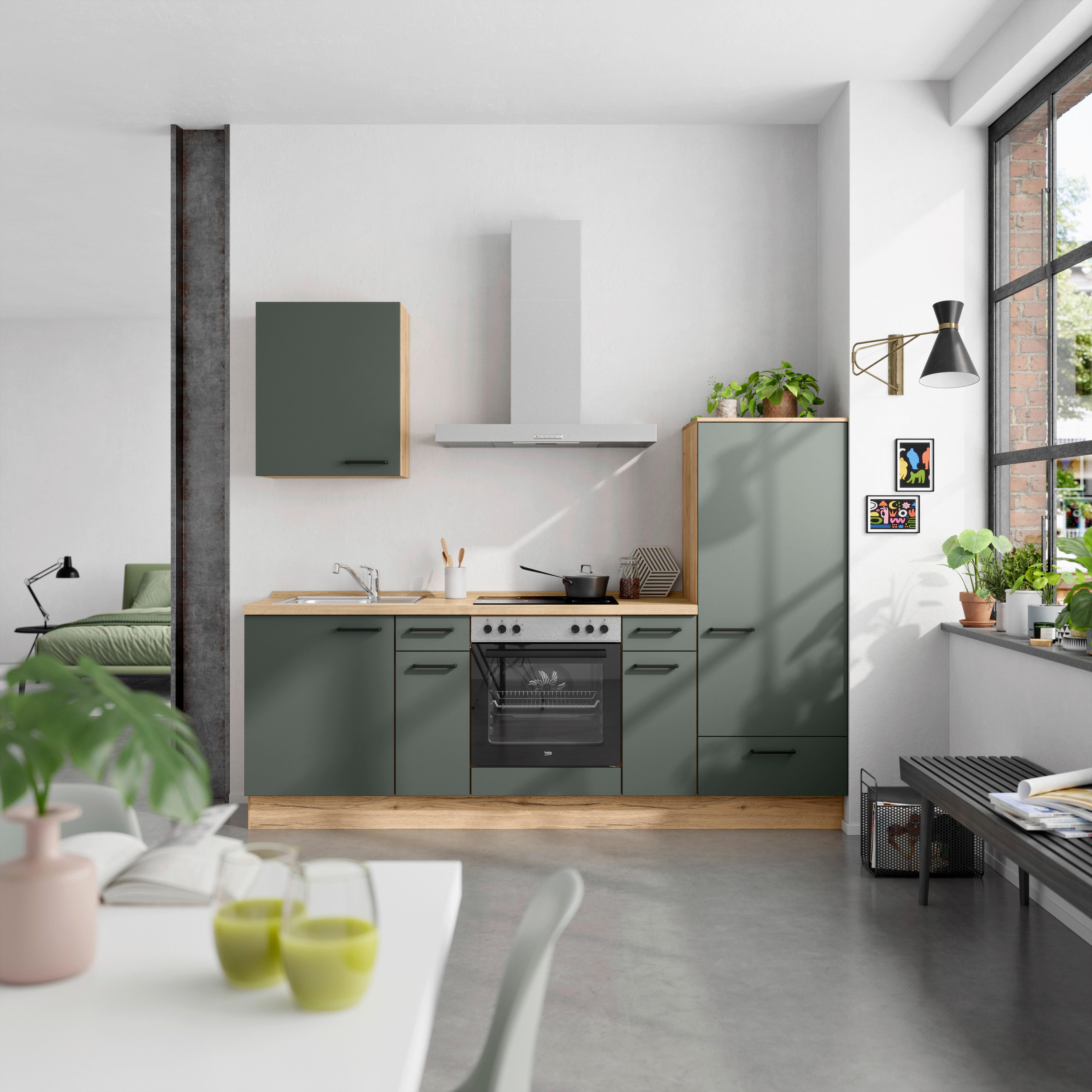 Küchenblock Easytouch Low m. Geräten Dunkelgrün - Dunkelgrün/Eichefarben, MODERN, Holzwerkstoff/Metall (240cm) - Nobilia